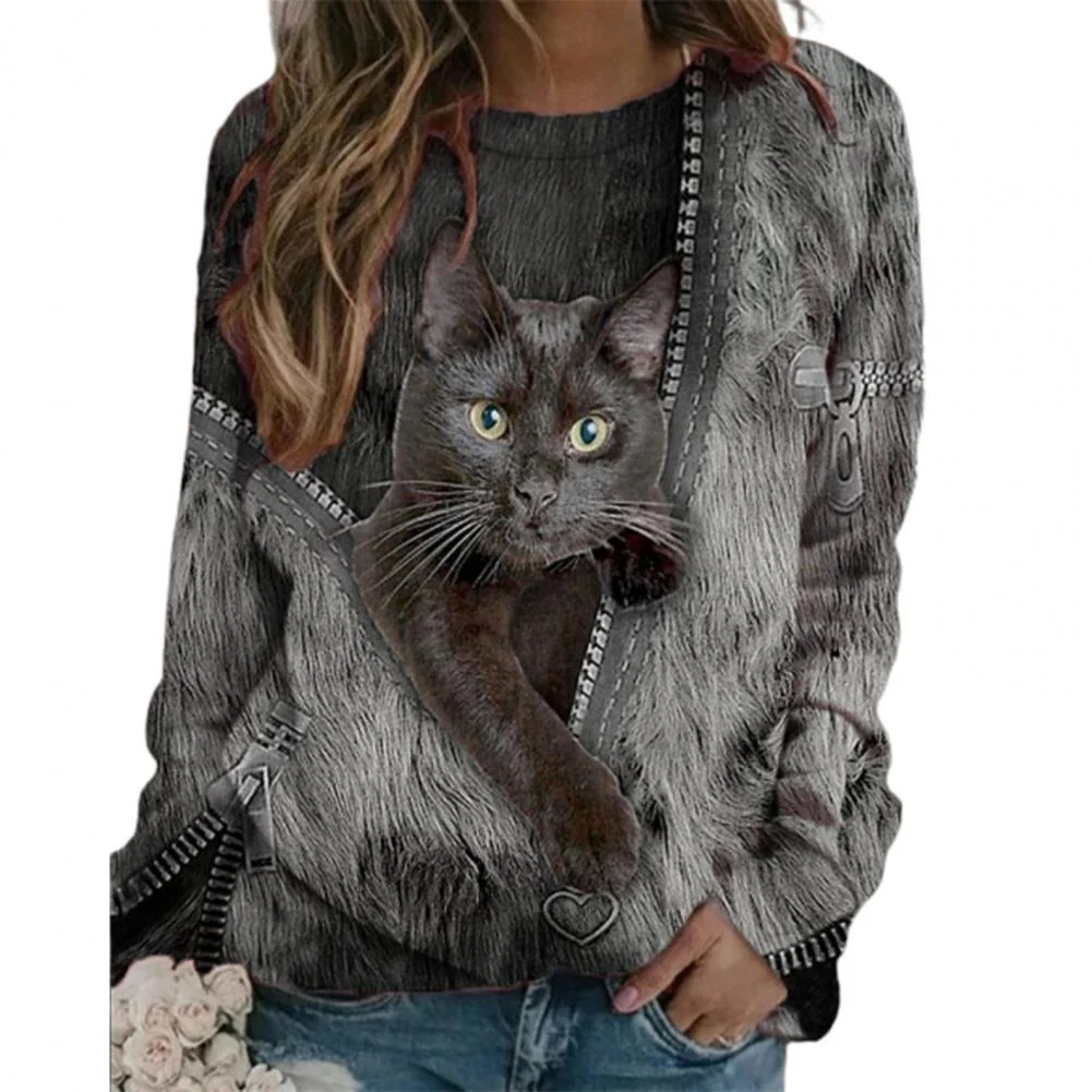Fashion Women Shirts O Neck Long Sleeve Zipper Cats Print Loose Blouse Shirts Top  Blouses