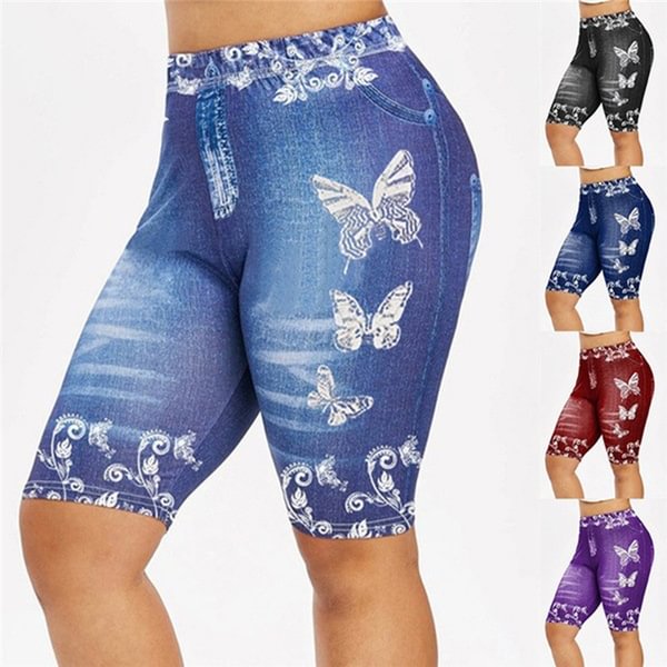 Women's Fashion 3D butterfly Floral Print Denim Shorts Leggings Plus Size Jeggings Shorts Leggings - Life is Beautiful for You - SheChoic