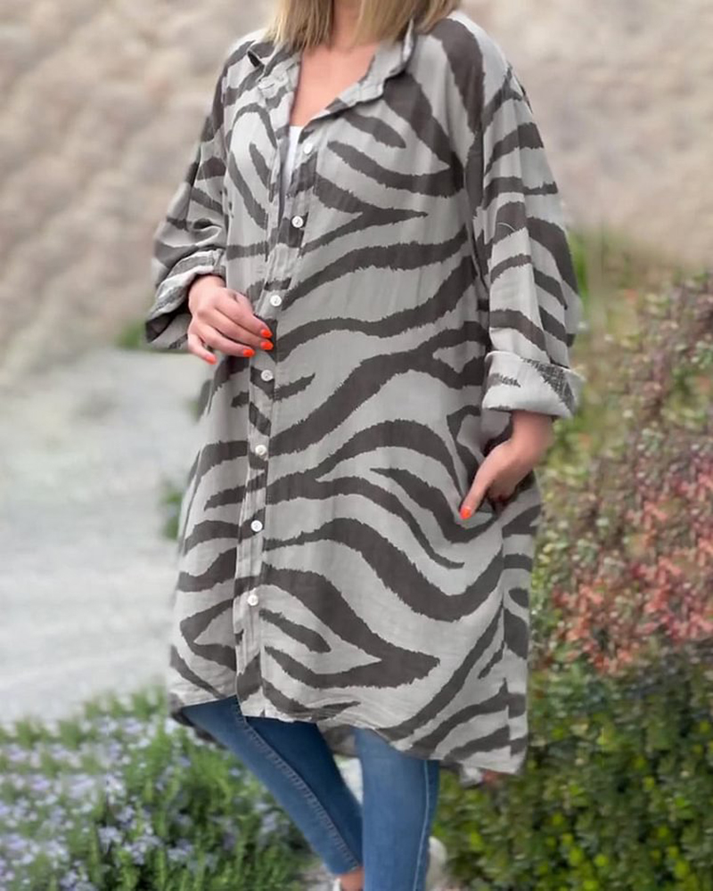 Zebra Print Long Sleeve Single Breasted Long Length Shirt Dress