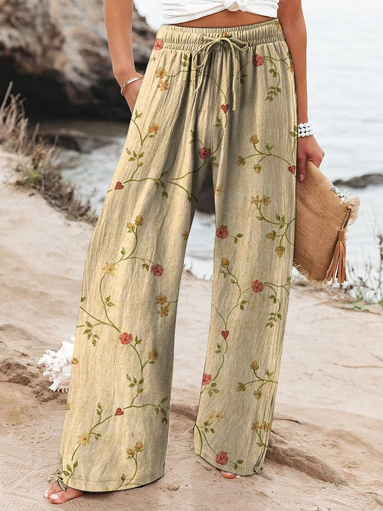 Women's Vintage Floral Art Printed Cotton And Linen Casual Pants