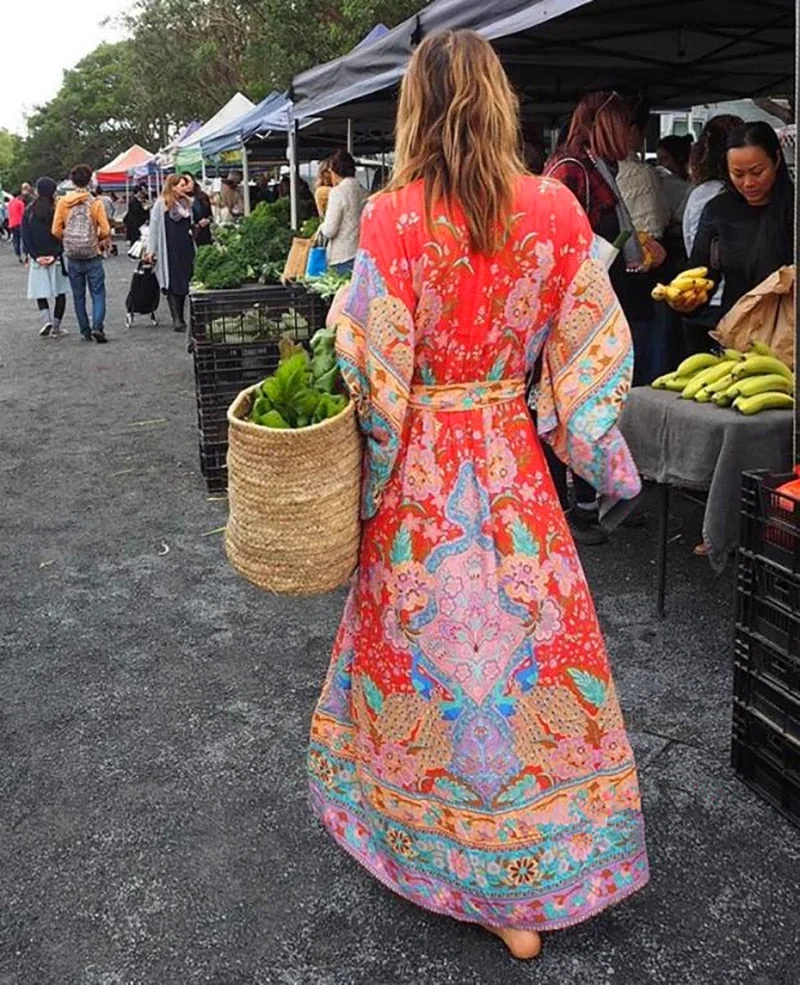 Fitshinling Vintage Elegant Chic Beach Long Dress With Sashes Big Sleeve Print Floral Button-Up Slim Vestidos BOHO Maxi Dresses