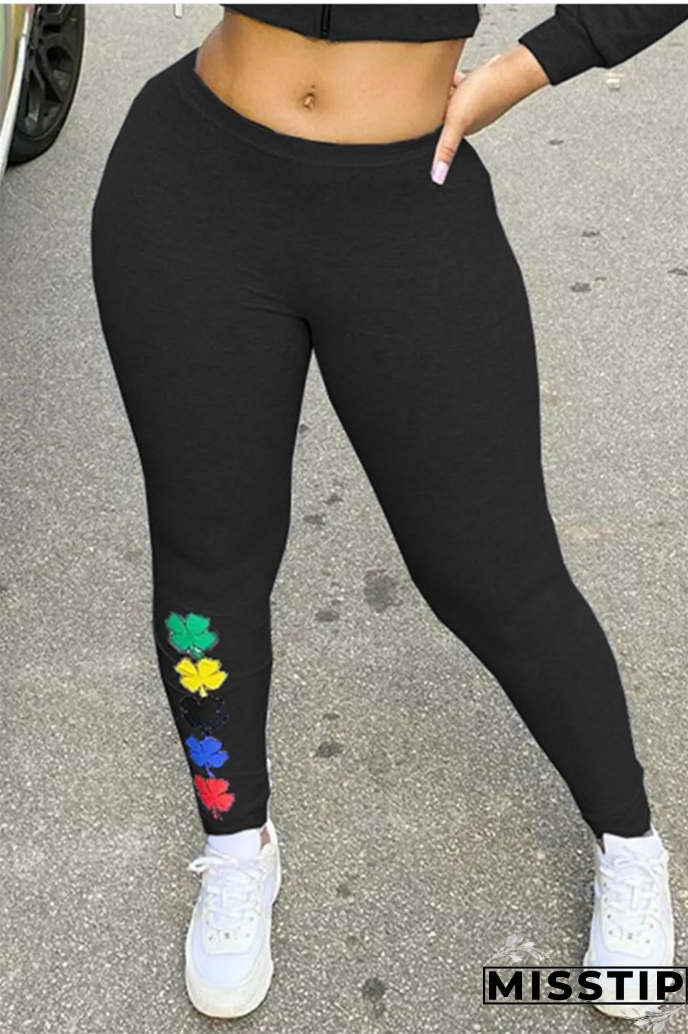 Grey Elastic Fly Mid Print Solid pencil Pants Bottoms