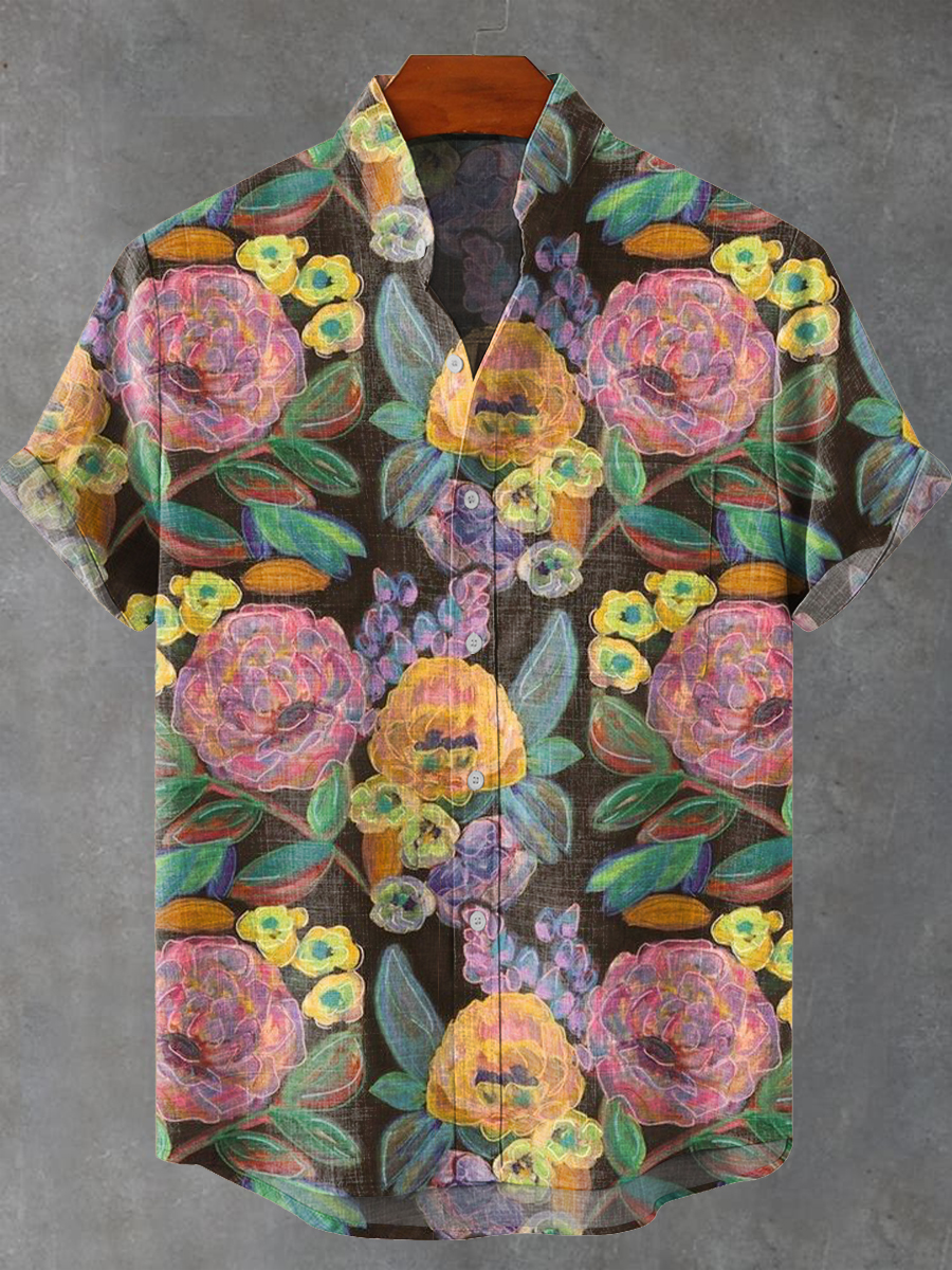 Vintage Hand-painted Colorful Floral Art Print Casual 100% Cotton Shirt