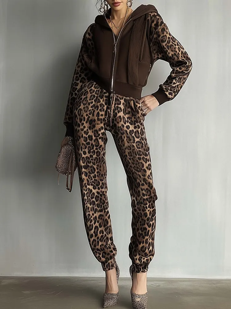Brown Hooded Sweatshirt Jumpsuit With Leopard Print