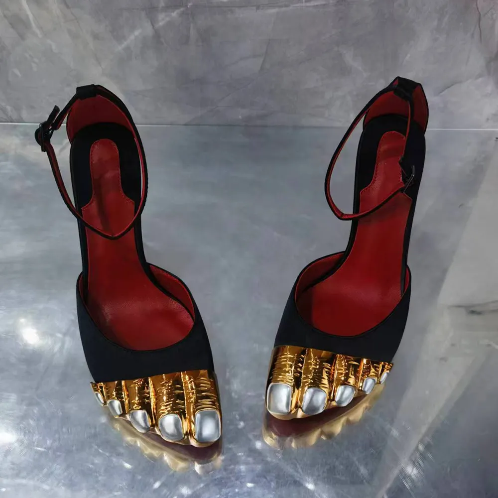 100mm Women's High Heel Metallic Finger Designed Toe Ankle Strap Stiletto Heels Red Bottom Sandals-vocosishoes