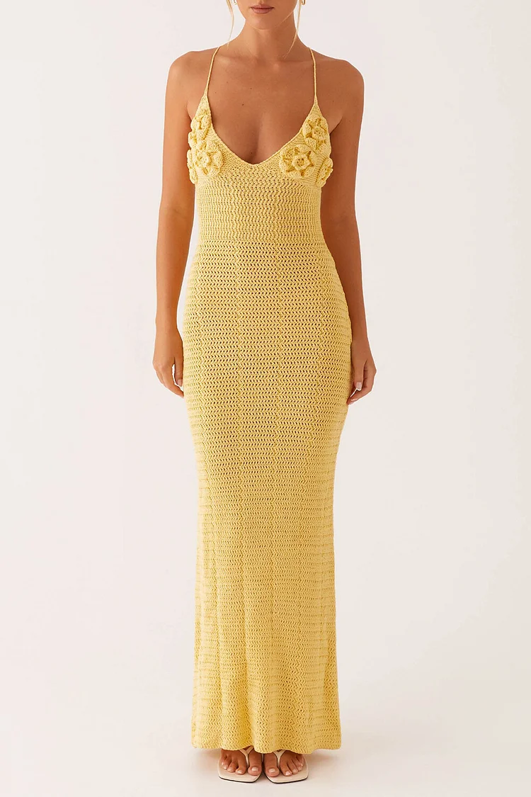 Plunge Neck 3D Flower Crochet Backless Slip Maxi Dresses-Yellow [Pre Order]