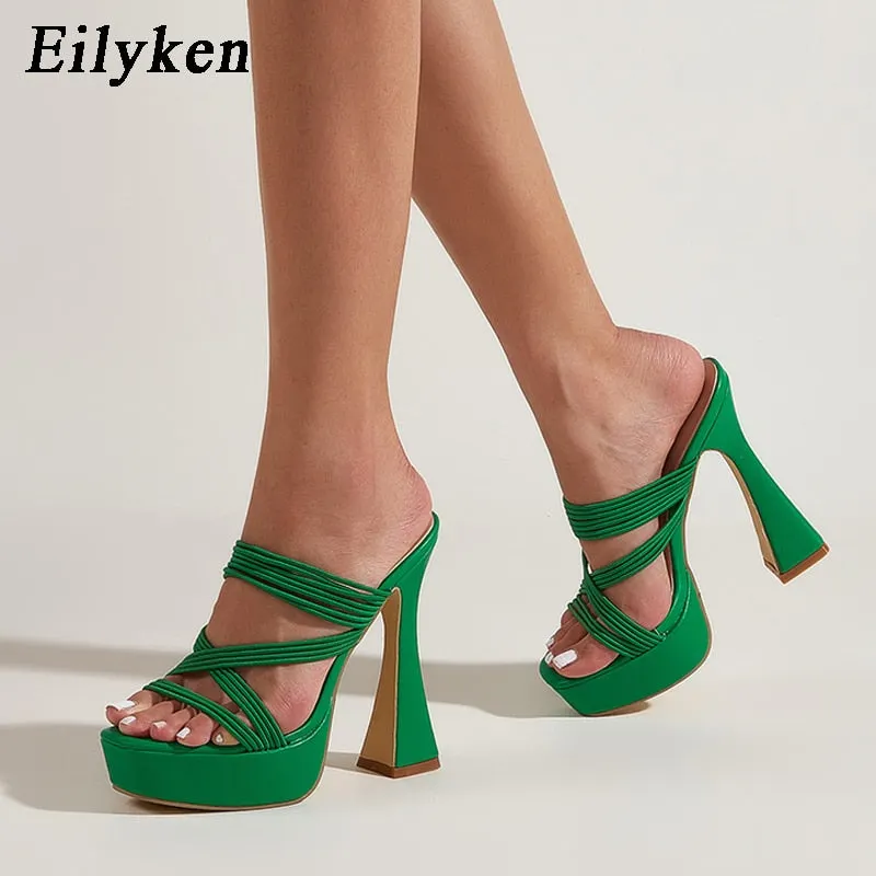 Eilyken 2022 New Green Square toe Narrow Band Slippers Slides Summer Fashion Gladiator Sandals Women Shoes Square Heels 13cm