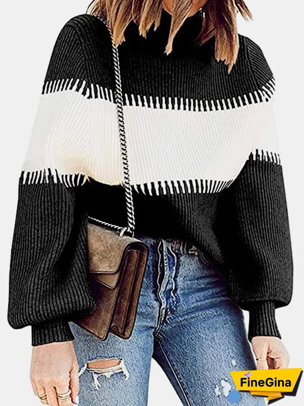 Contrast Color Lantern Sleeve O-neck Sweater For Women