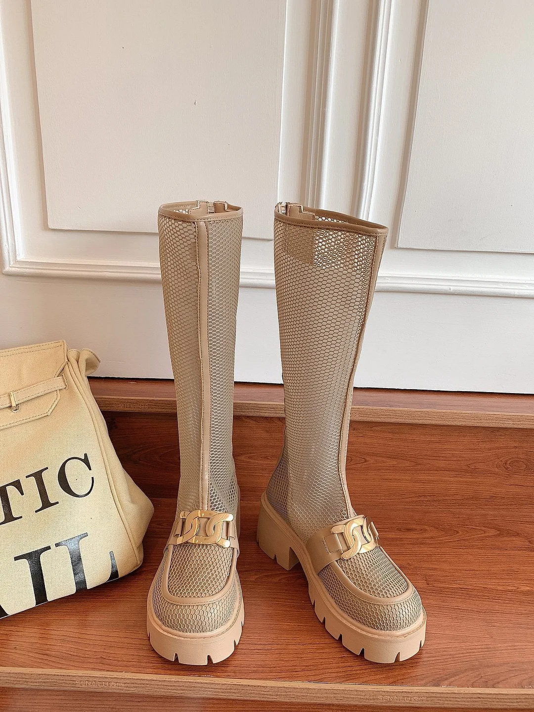 High Knee Cool Boots Sandals Women 2021 New 6.5cm Hihg Heels Rome Mesh Breathable Zipper Sandals Ladies Paltform Sandals Shoes