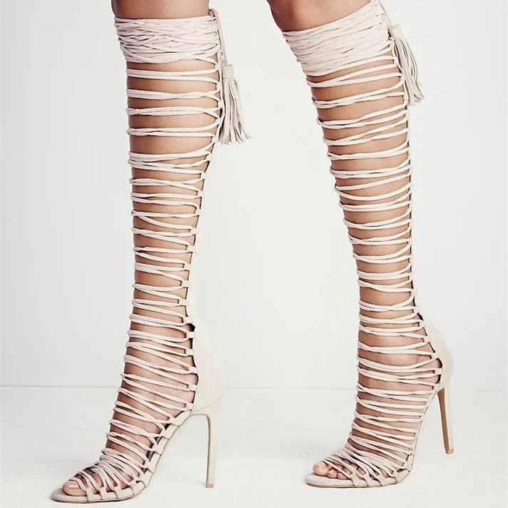 Nude Strappy Sandals Stiletto Heels for Sexy Ladies |FSJ Shoes