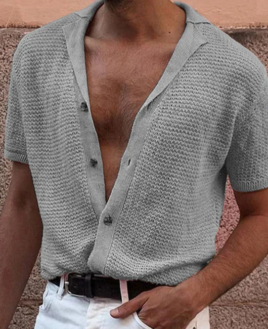 Casual Plain Lapel Collar Short Sleeve Knit Polo Shirt 