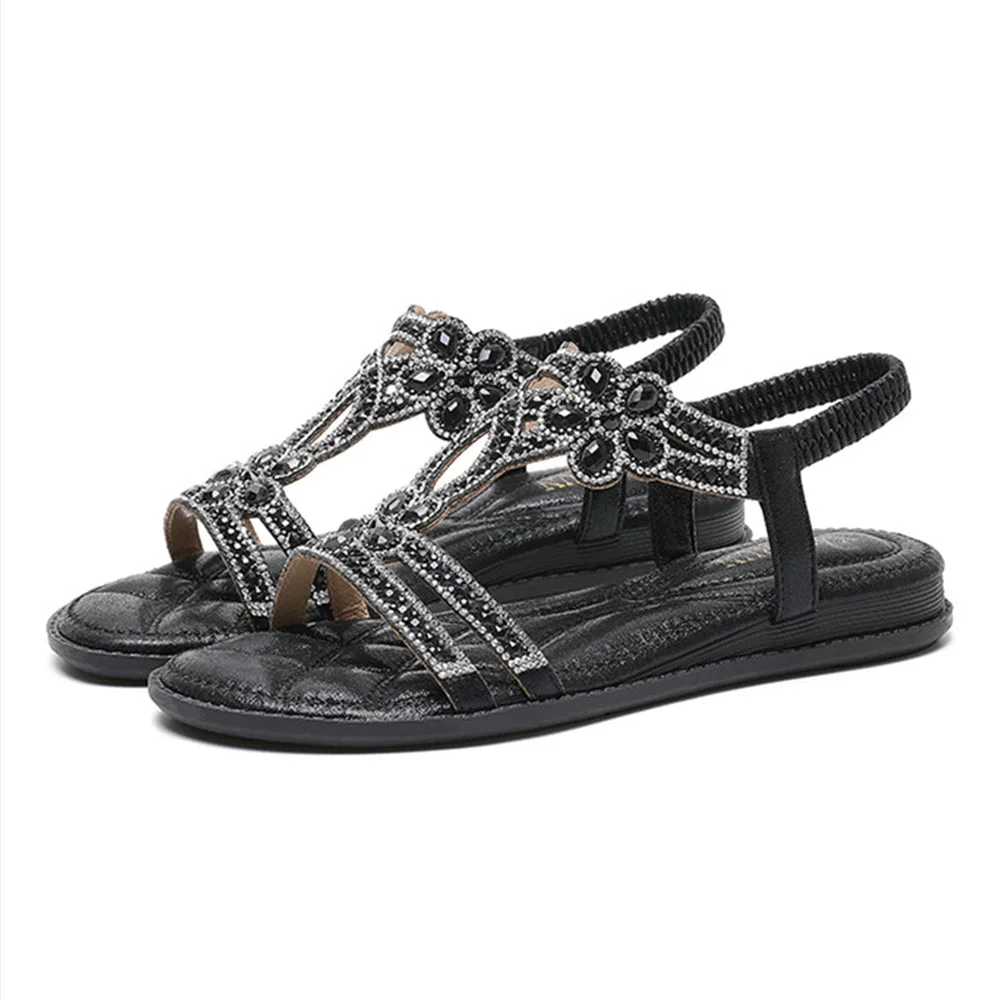 Smiledeer Summer new hollow out flat rhinestone sandals