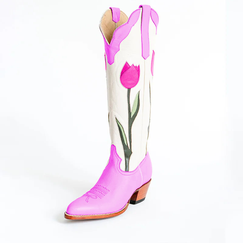 Elegant Purple Tulip Inlay Chunky Heel Knee High Cowgirl Boots