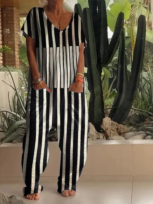 Casual Abstract Geometric Print V Neck Loose Jumpsuit