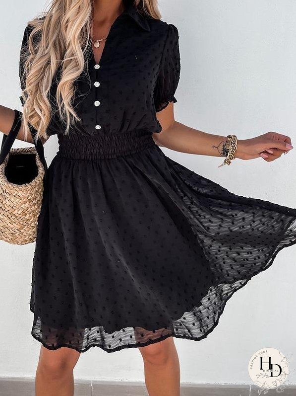 Casual Black Button Embellished Mesh Dress for Women