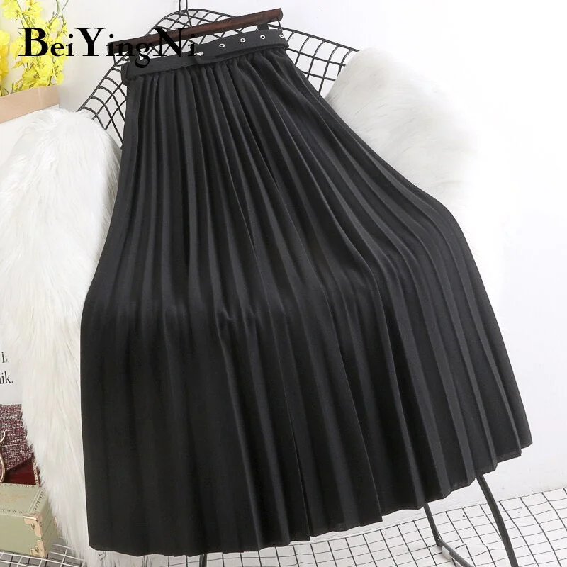 Beiyingni High Waist Skirts Womens Belt Fashion Metallic Party Midi Pleated Long Skirt Black Pink Casual Korean Falda Mujer Saia