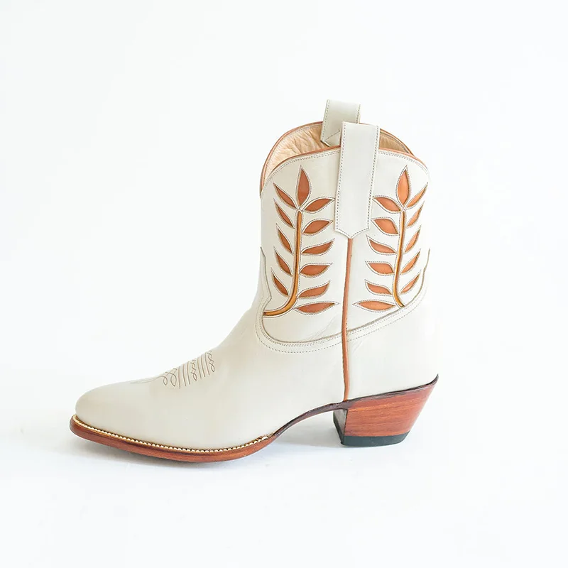 Ivory & Khaki Block Heels Shoes Pointed Toe Sewed Western Boots Nicepairs
