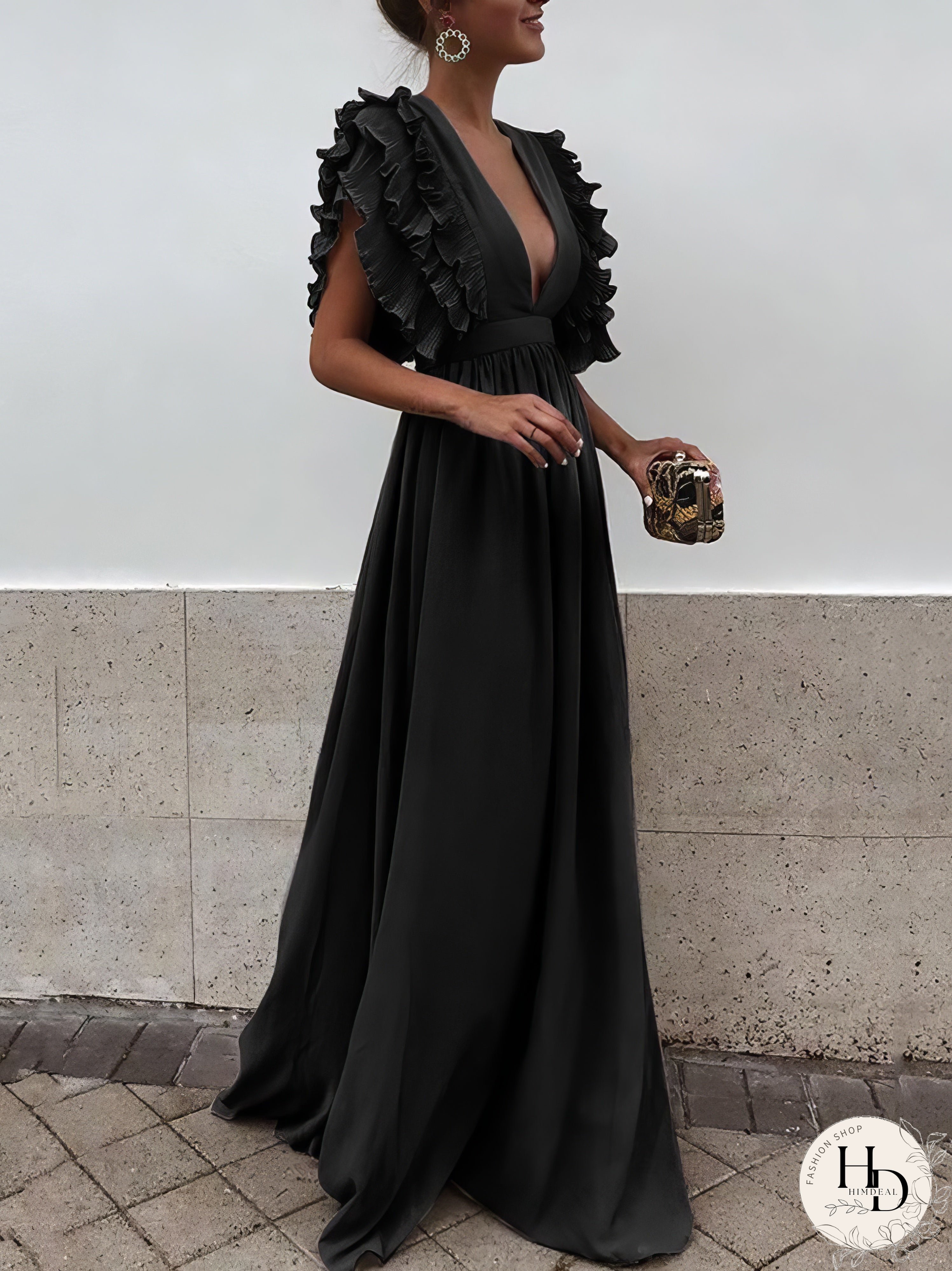 Copy of Flying Sleeves V-neck Open Back Solid Long Flowy Dress