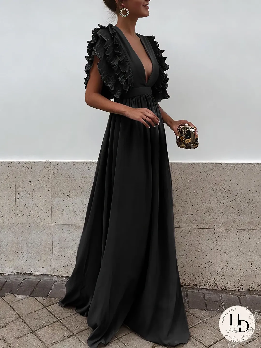 Copy of Flying Sleeves V-neck Open Back Solid Long Flowy Dress