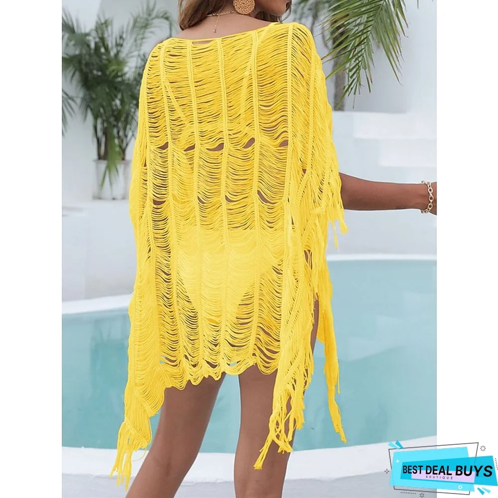 Women's Cover Up Beach Dress Beach Wear Mini Dress Tassel Fringe Hole Cute Casual Plain Crewneck Short Sleeve Loose Fit Outdoor Daily Black White 2023 Spring Summer One Size