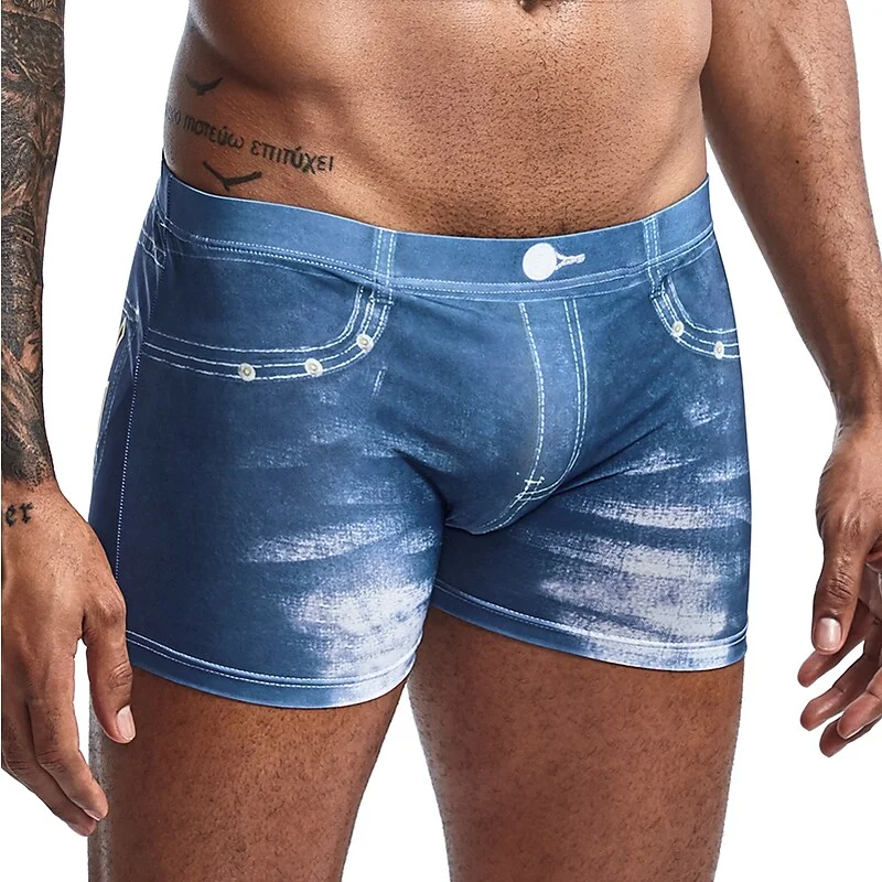 Men's Board Shorts Swim Trunks Boxer Swim Shorts Denim Color Block Fast Dry Breathable Vacation Beach Swimming 3D Print Casual grey blue Blue Low Waist Stretchy