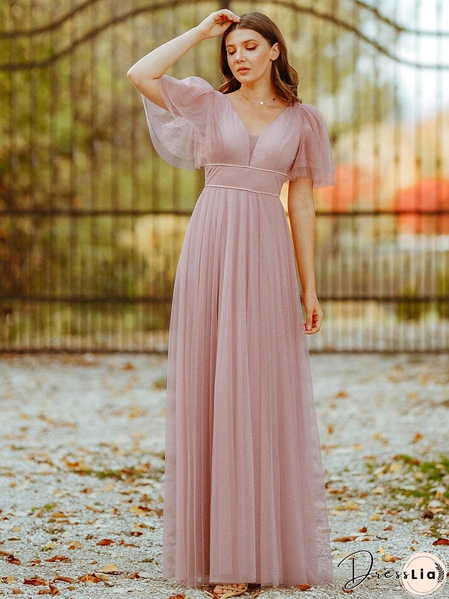 Elegant Golden Stamped Ruffle Sleeve Evening Gown
