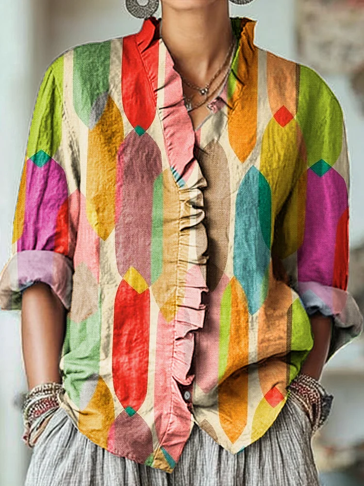 Women's Abstract Colorful Geometric Block Painting Art Print Casual Cotton And Linen Ruffle Shirt