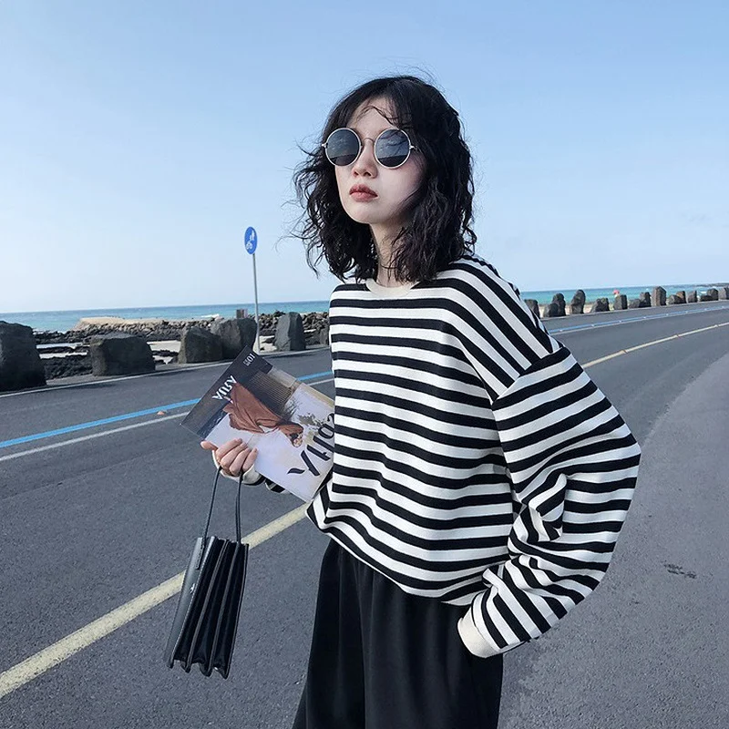 Brownm Brownm 2024 New Korean Women's Striped Long-Sleeved T-Shirt Female Top Students Thin Loose Round Collar Hoodie Women