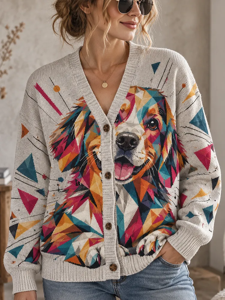 Comstylish Women's Geometric Dog Print V-neck Knit Cardigan