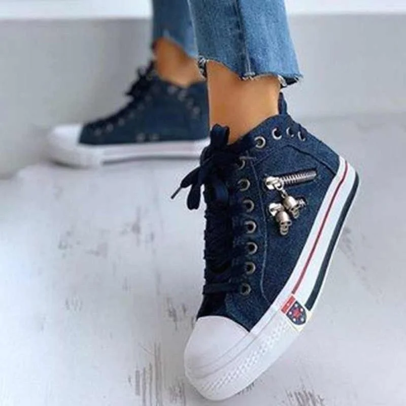 Comemore New Women Canvas Chic High Top Denim Leisure Footwear Womens Sneakers Flat Sports Walking Ladies Vulcanized Flat Shoes