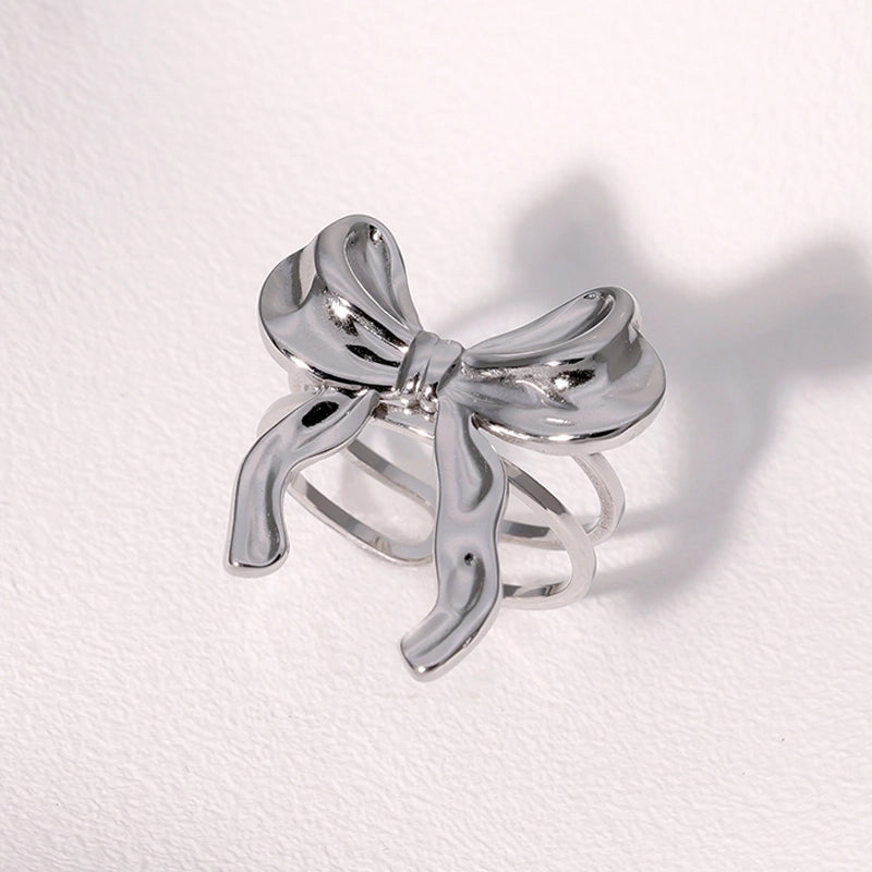 Cute Sweet Minimalist Bow Knot 304 Stainless Steel 18K Gold Plated Open Rings