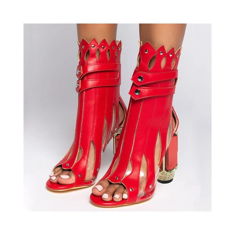 Red Peep Toe Clear Ankle Booties Decorative Heel Nicepairs