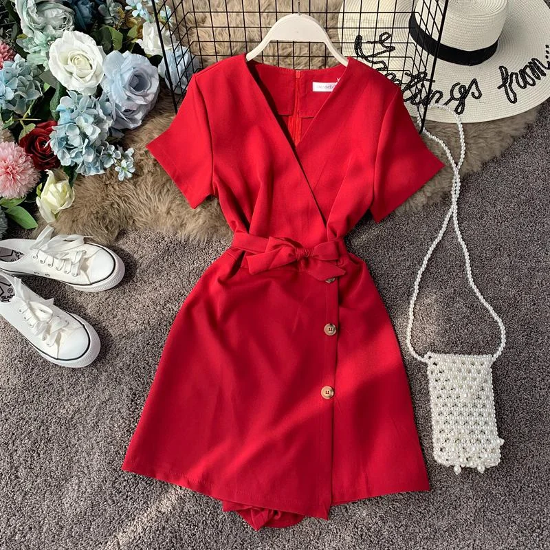 FTLZZ V-neck Beach Playsuits Women Vintage With Belt High Waist Wide-legged Shorts Pants Slim Holiday Jumpsuits