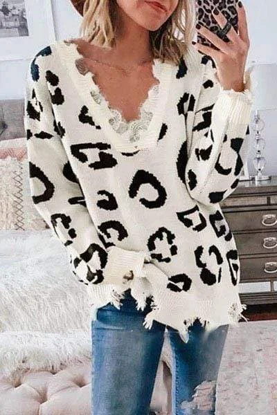 Fashion Loose Leopard Print White Sweater