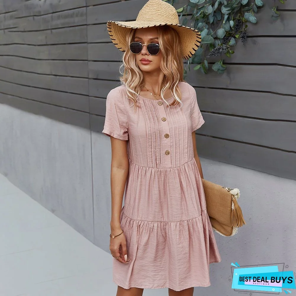 Women's Solid Color Dress Spring and Summer Short Sleeve Cotton Skirt