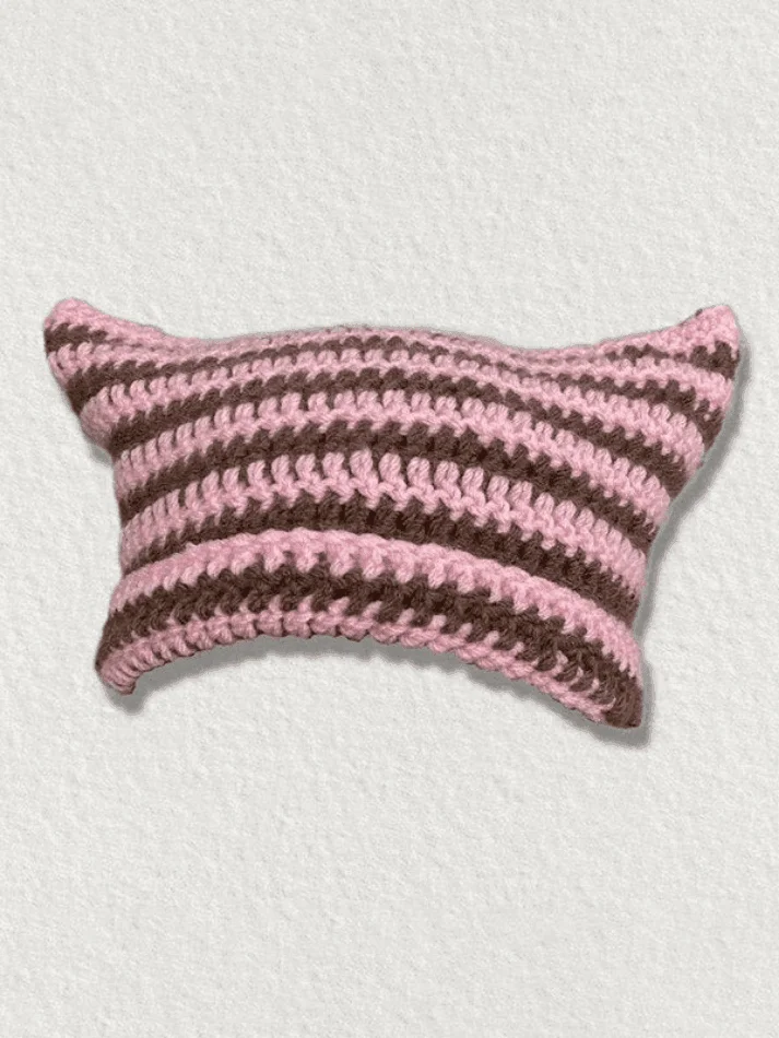 Brownm Hand Made Horn Detail Striped Knitted Hat