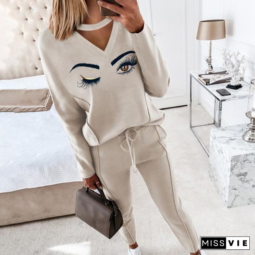 Tracksuit Set Hollow Out Skin-Friendly Eyes Print Women Outfit For Office