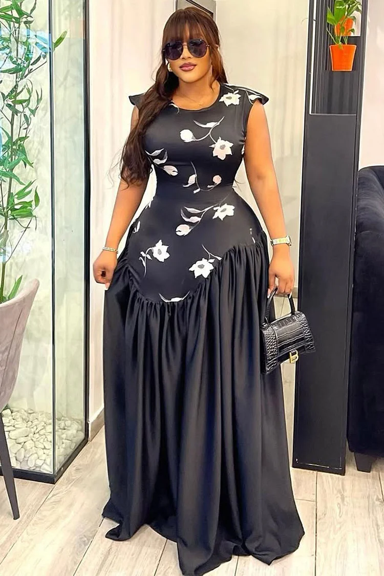 Floral Print Sleeveless Patchwork Hem Party Maxi Dresses-Black
