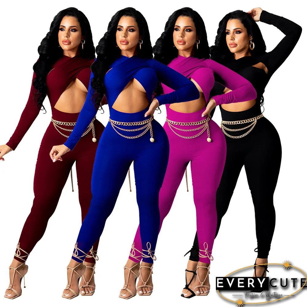 Autumn And Winter New Sexy Cross Tie Solid Color Jumpsuit