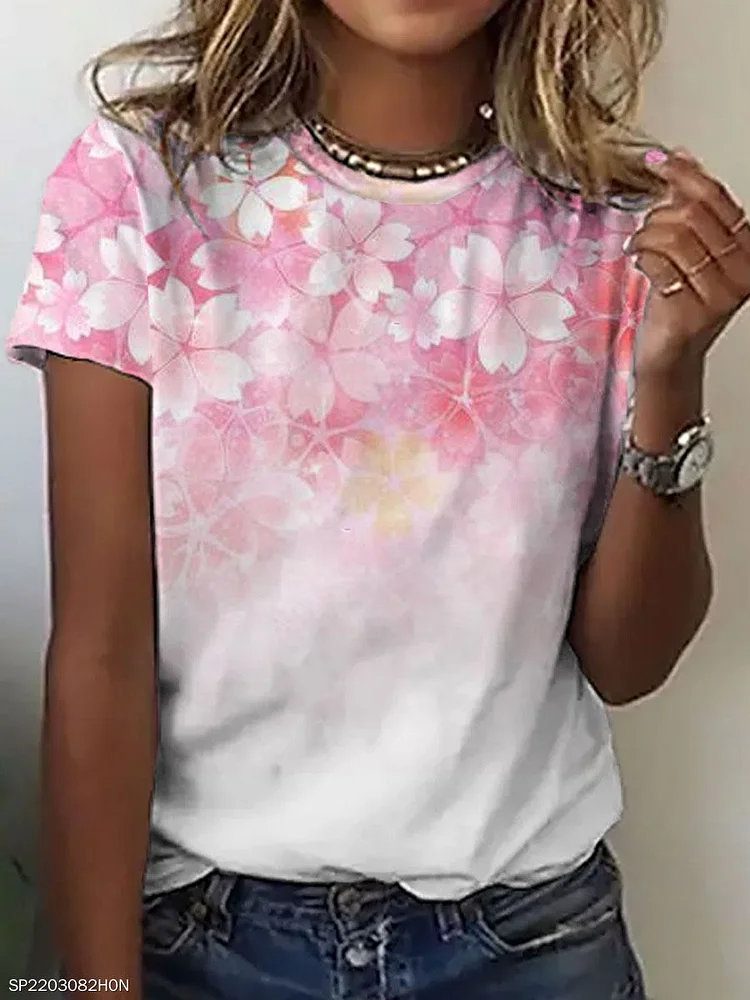 Round Neck Casual Loose Floral Print Short Sleeve T-shirt