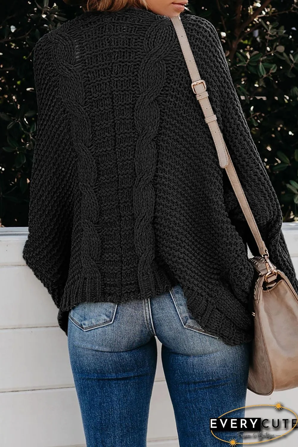 Black Chunky Knit Solid Cardigan with Pocket