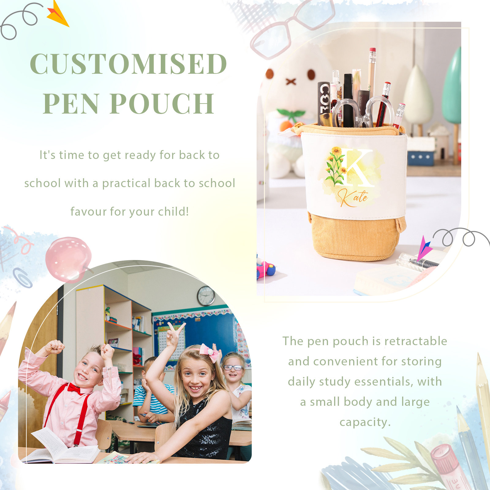 Astuccio per matite personalizzato con 1 nome e 1 lettera e 1 fiore di nascita regalo per scuola elementare bambini