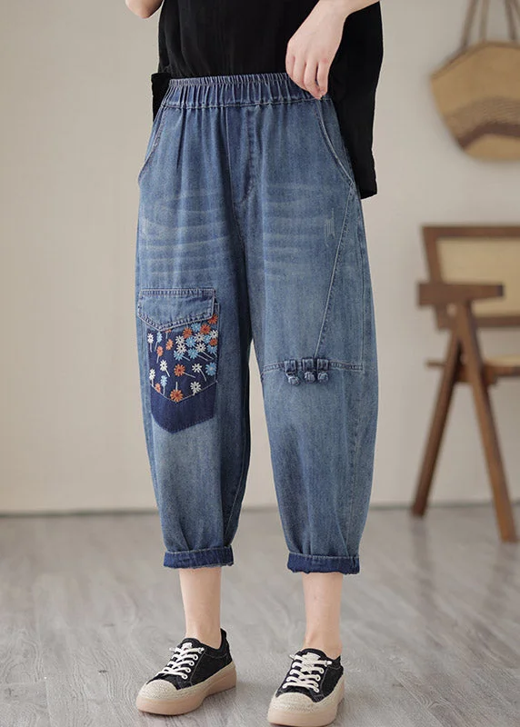 Unique Blue Elastic Waist Embroideried Patchwork Crop Pants Summer