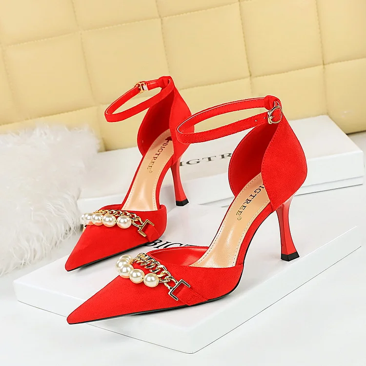 BIGTREE SHOES 8323-8 Korean Style Sping Sandal Women's Shoes Suede Shallow Mouth Pointed Pearl Metal Chain Strap Sandals Wedding Shoes