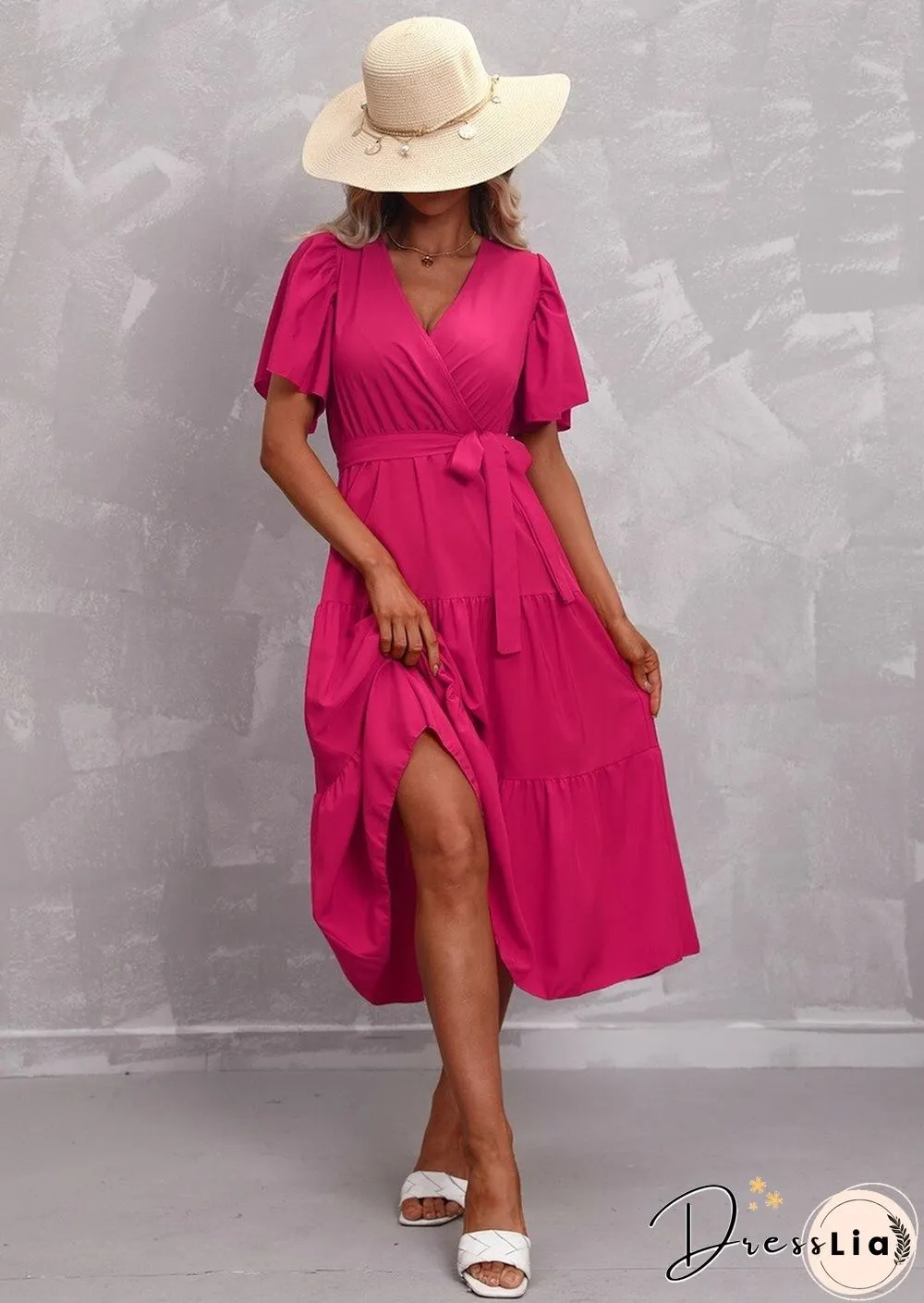 Elegant Womens Summer Dress & Casual Lace-Up Solid Color Neck High Waist Short Sleeve
