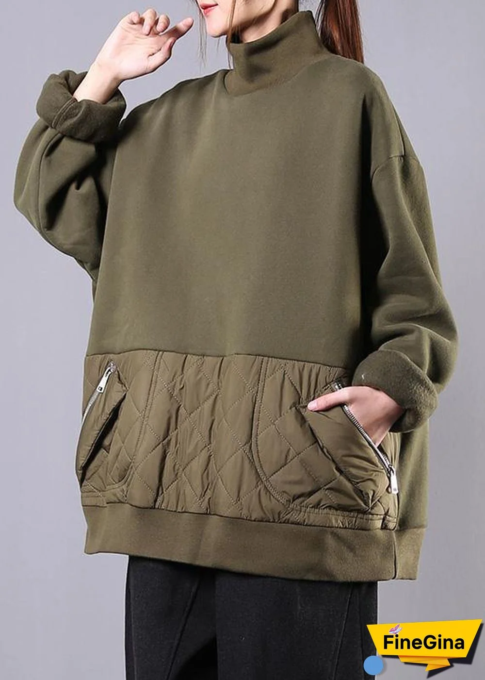 Beautiful green cotton clothes For Women high neck patchwork fall blouses