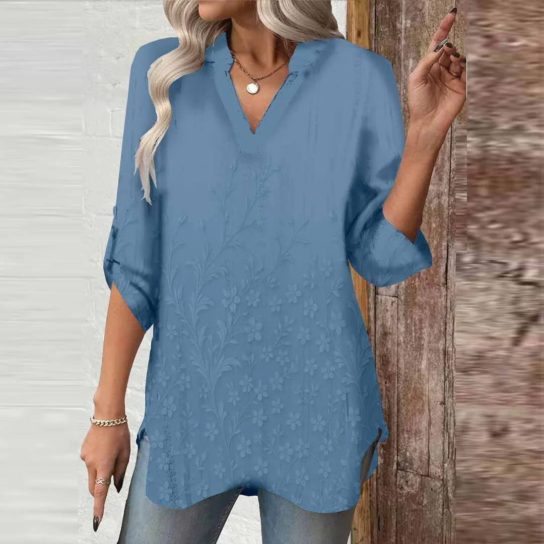 Women Blue, Floral, Retro DZGA0535 3/4 Sleeve V-neck Printed Graphic Button Tops