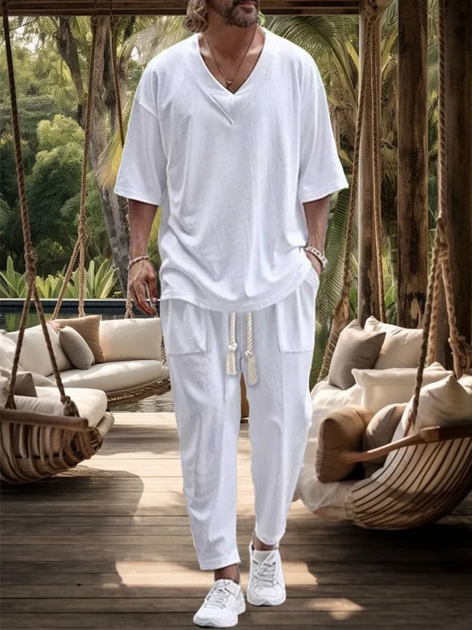 Men's Casual Solid Color V-Neck Short-Sleeved Trousers Suit 