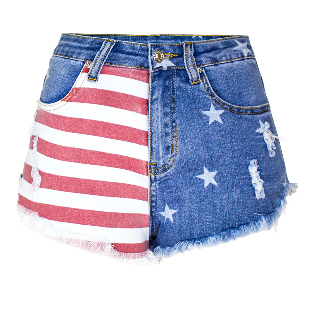 Women's Color Matching Striped Denim Shorts Star Pattern Hollow out Back Design Denim Short Pant