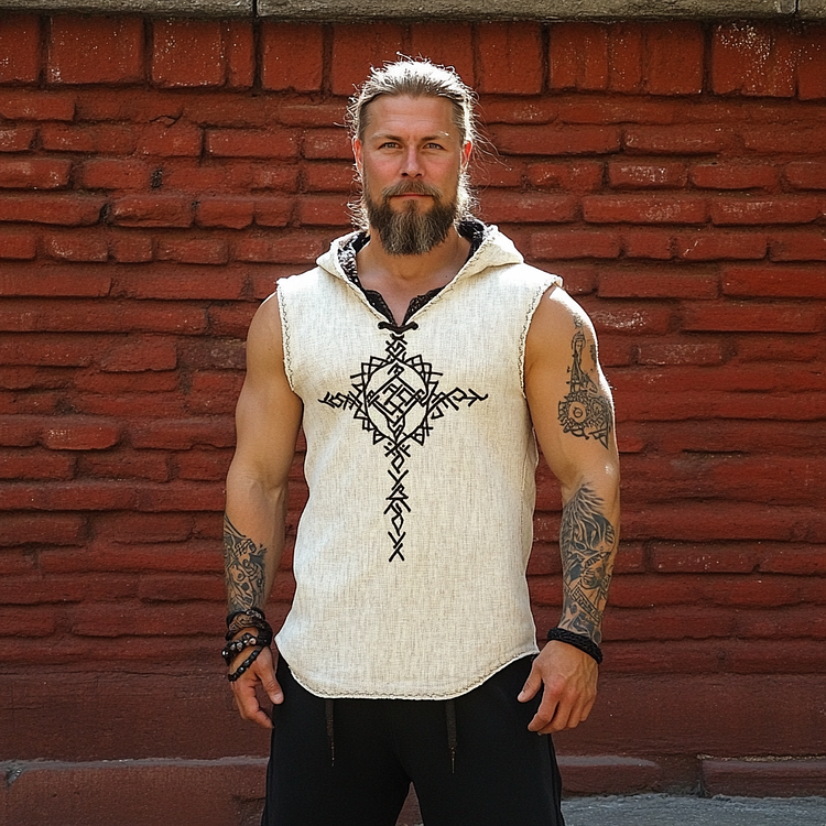Vintage Men's Viking Rune Linen Hoodie